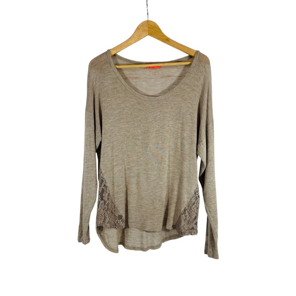 Spoiled Taupe Long Sleeve Top With Lace Accents Lightweight Scoop Neck Womens M